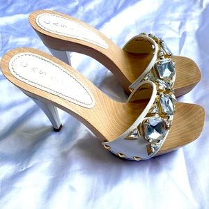 Casadei wooden sandals/heels sz 6, white leather w/crystal & gold tone hardware.